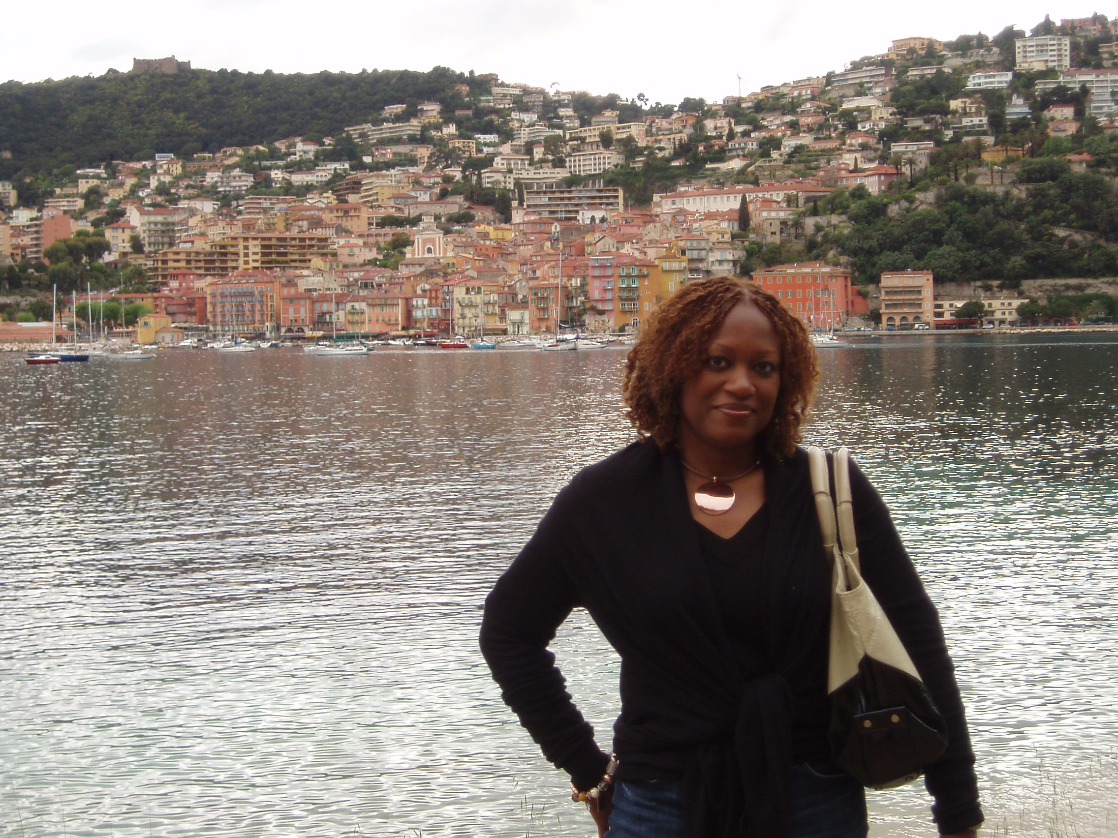 P4261056 Here I am, standing in front of the Mediterranean Sea with lovely Villefranche-sur-Mer in the background. I sure can see myself taking up permanent residence in Paradise....